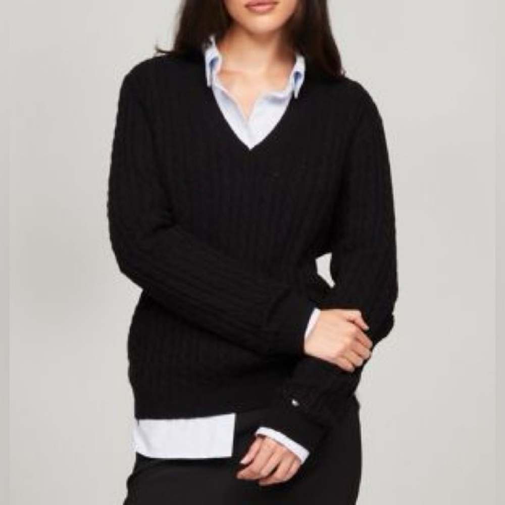 Tommy Hilfiger Black Cable Knit V-Neck Sweater Size 2XL E.U.C.